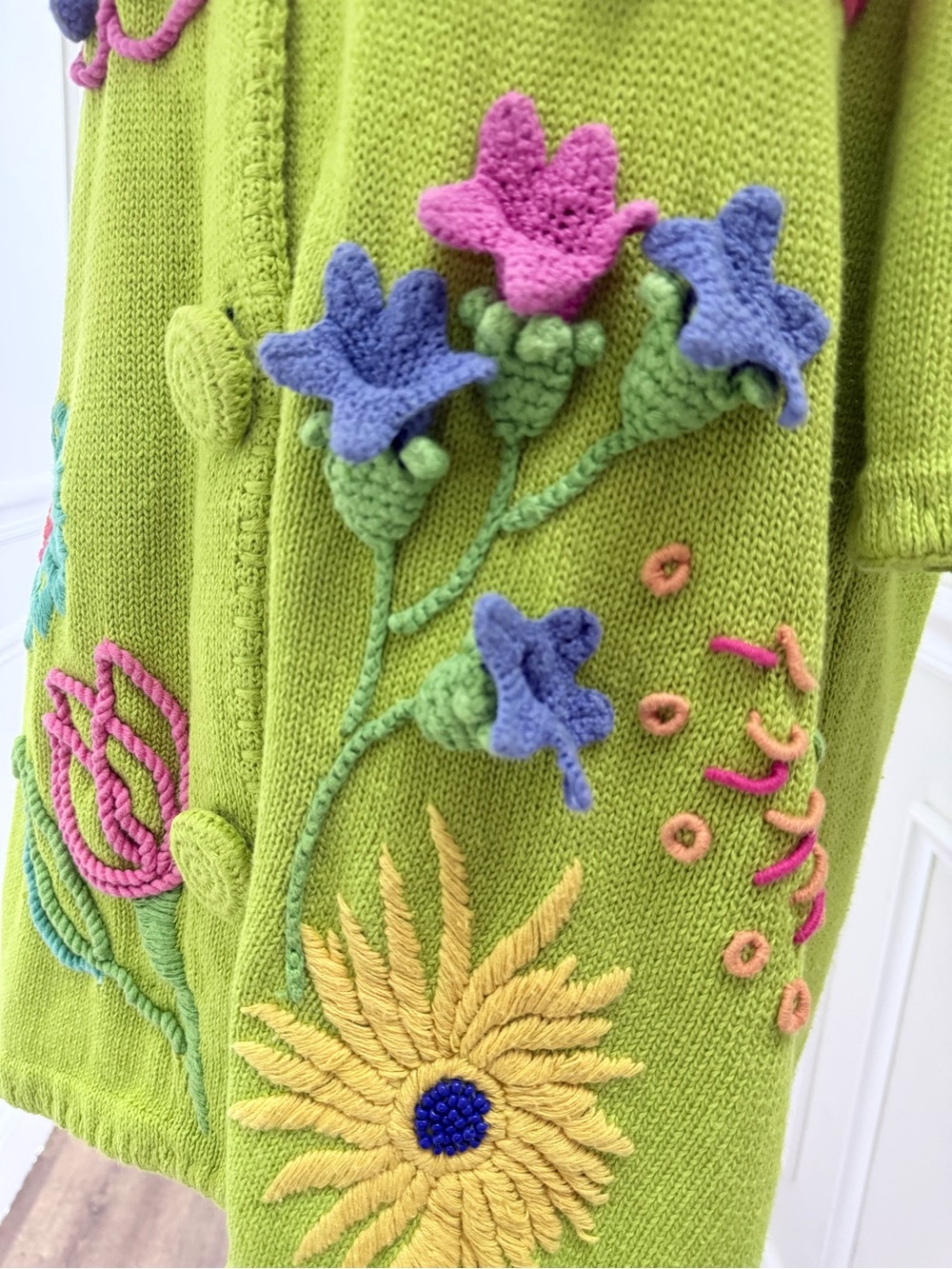 Vintage Cervelle 3D Floral Embroidered Beaded Novelty Cardigan Lime Green M - Picture 7 of 15